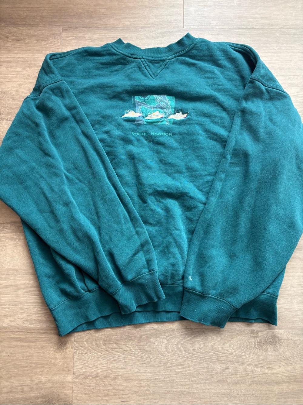 Vintage Teal 'Roche Harbor' Embroidered Boat Sweatshirt size XL